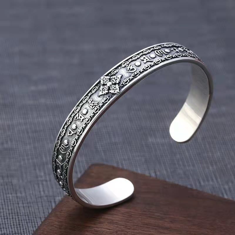 925 Sterling Silver Om Mani Padme Hum Double Dorje Engraved Wisdom Cuff Bracelet Bangle