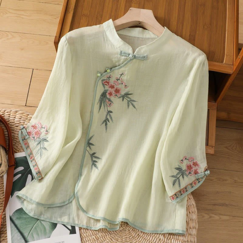 Casual Embroidered Flower Stand Collar Design Three Quarter Sleeve Women's Cotton Linen Shirt