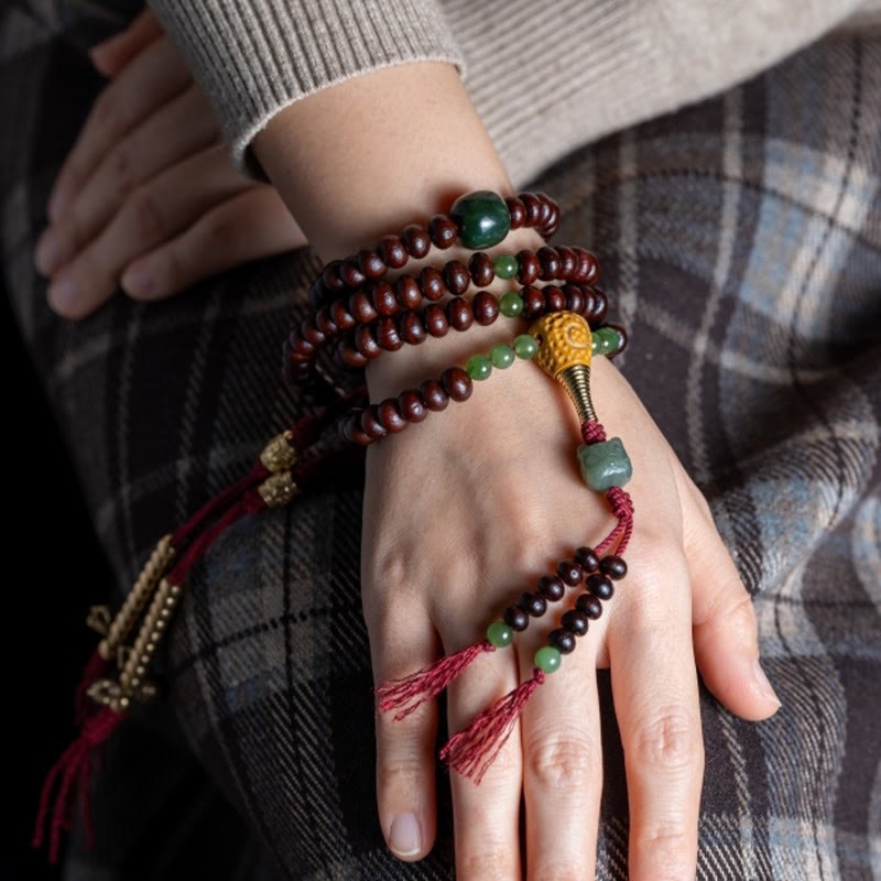 Natural Tibet 108 Mala Beads Purple Bodhi Seed Hetian Cyan Jade Copper Dorje Peace Bracelet