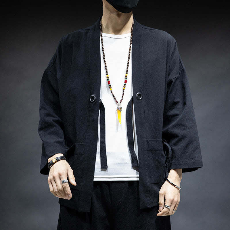 Solid Color Lace-up Open Front Jacket Cotton Men's Kimono