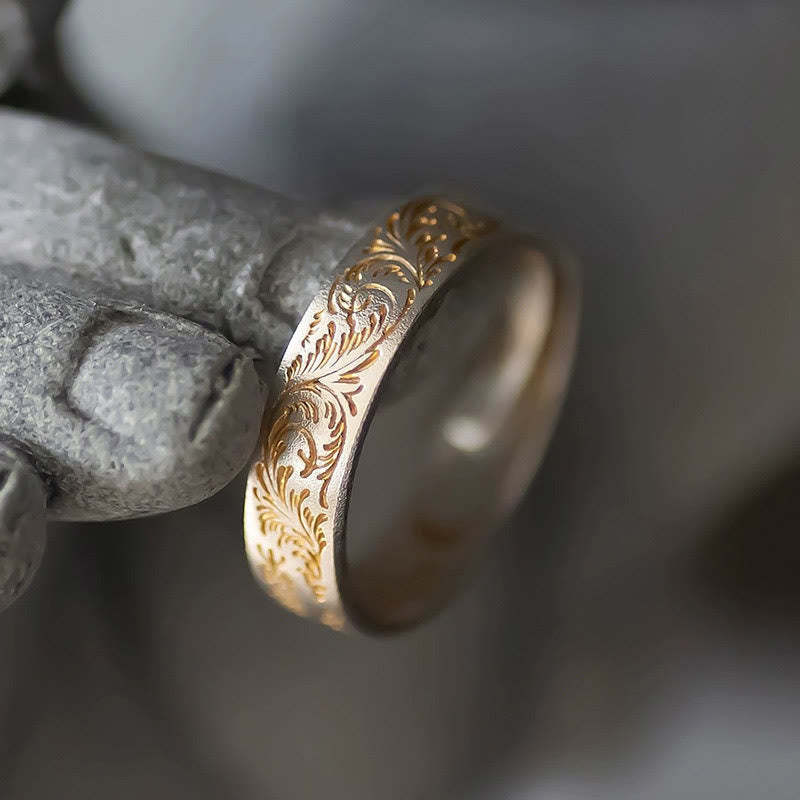 mystic zen Stone 999 Sterling Silver Gold-Painted Joyful Flower Pattern Peaceful Heart Sutra Ring