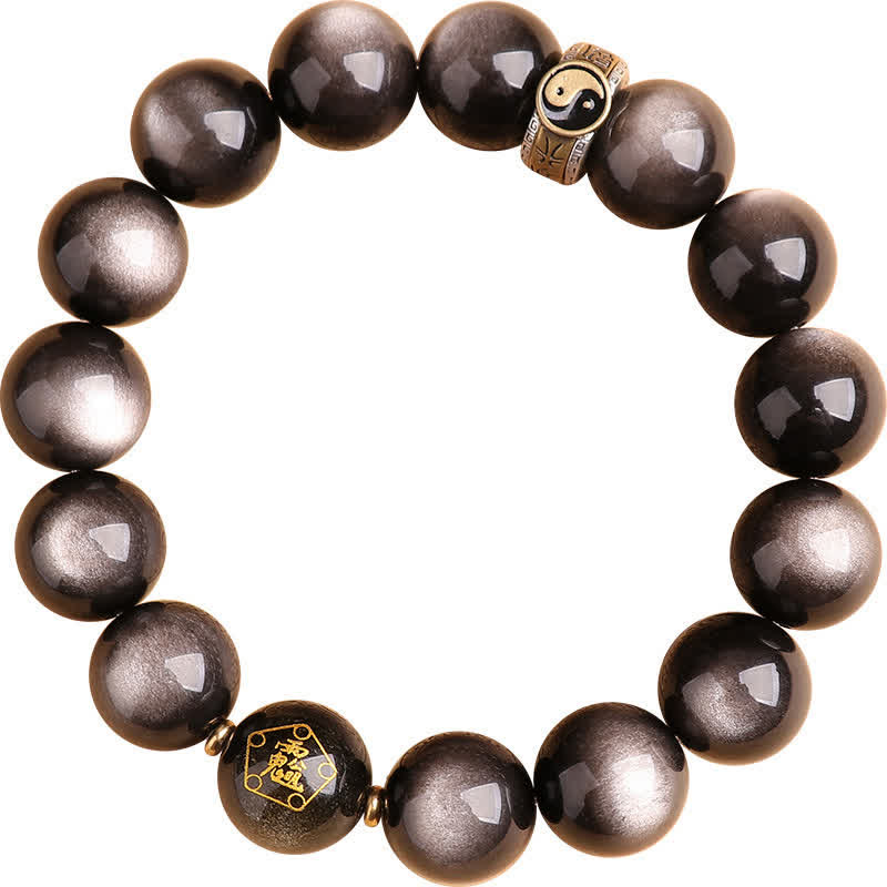 925 Sterling Silver Black Obsidian Gold Sheen Obsidian Silver Sheen Obsidian Yin Yang Protection Bracelet