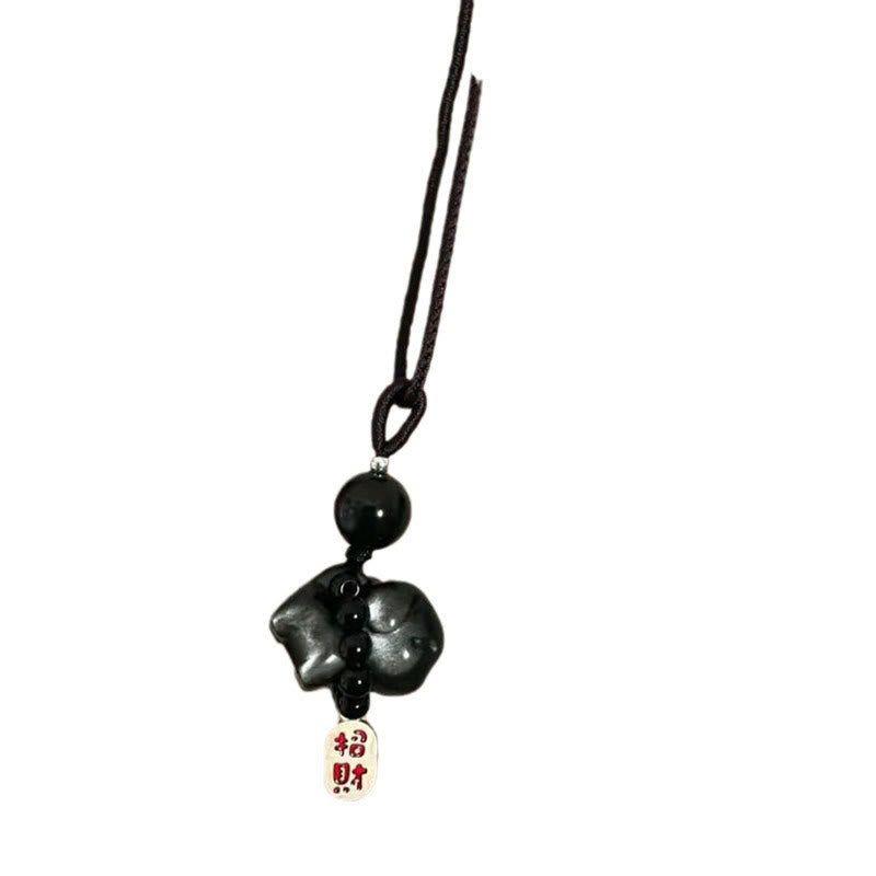 mystic zen Stone Silver Sheen Obsidian Puppy Dog Fu Character Protection Necklace Phone Hanging Decoration