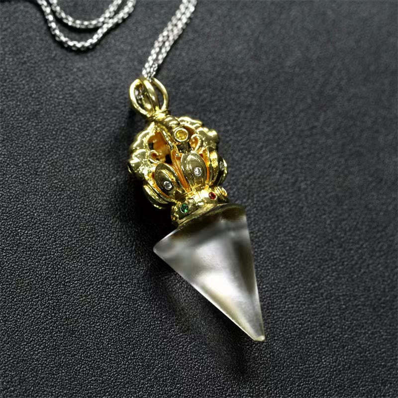 Tibetan Dorje Vajra 4 Prong Lotus Liuli Crystal Strength Necklace Pendant