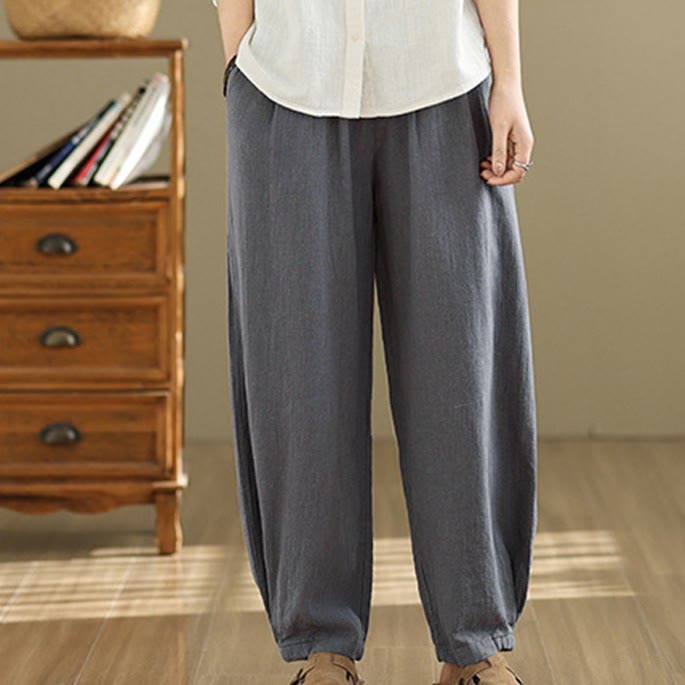 Casual Solid Color Tapered Elastic Waistband Cotton Linen Women's Pants With Pockets