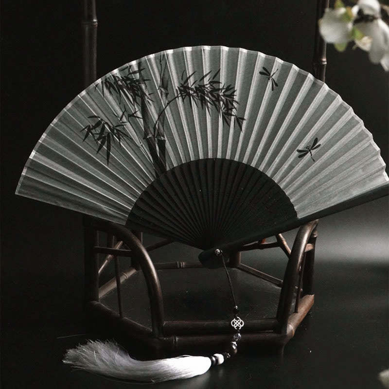 Ink Bamboo Polyester Handheld Bamboo Folding Fan