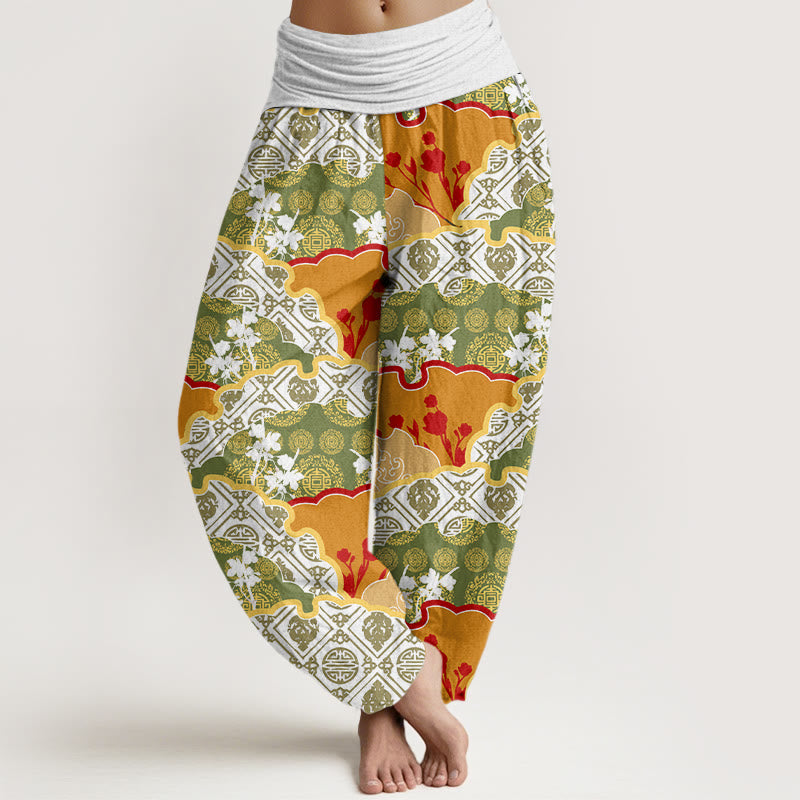 Chinese Fan-shaped Diamond Pattern Design Women's Elastic Waist Harem Pants