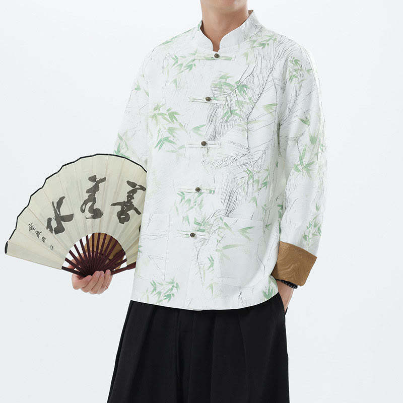 Printing Bamboo Casual Frog-button Spandex Men's Jacket Shirt Clothing