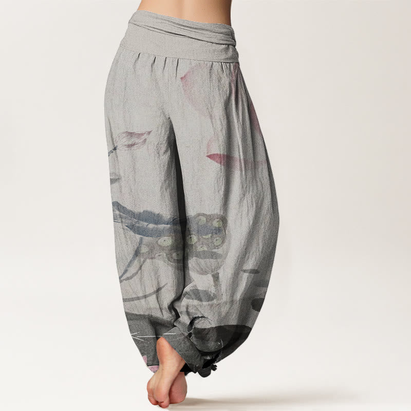 Ink Lotus Flowers Leaves Koi Fish Pattern Women's Elastic Waist Harem Pants