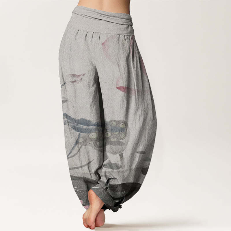 Ink Lotus Flowers Leaves Koi Fish Pattern Women's Elastic Waist Harem Pants