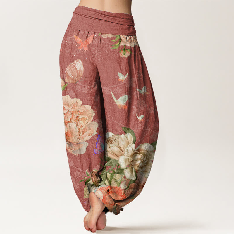 Casual Bright Peony Flower Butterfly Women's Elastic Waist Harem Pants