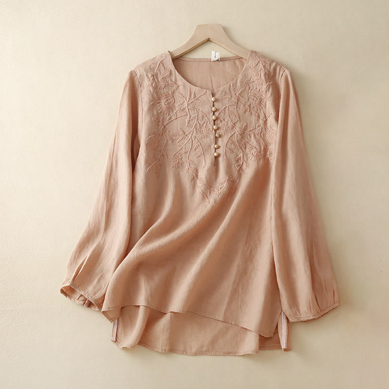Casual Embroidery Flower Round Neck Long Sleeve Cotton Linen Top Women's Shirts