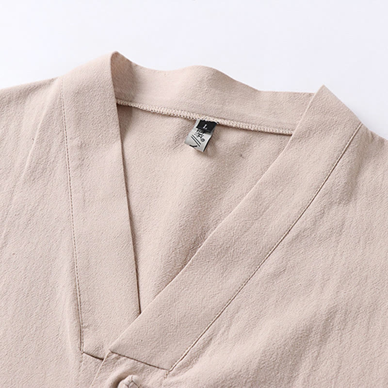 Casual Plain Color Three Quarter Sleeve Front Button Cotton Linen Men's Shirt With Pockets