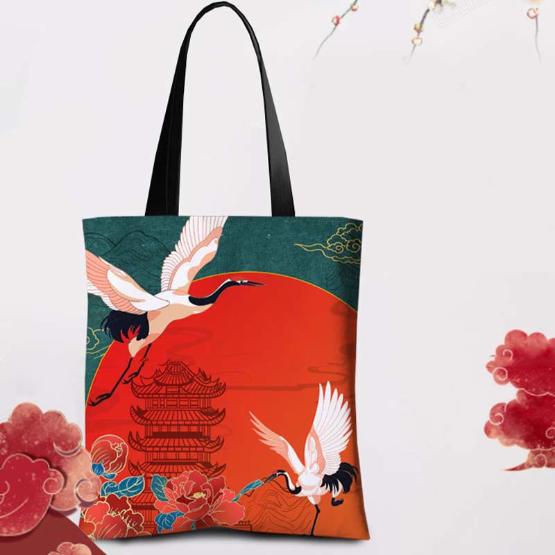 Crane Peony Chinese Character Hua Dan Canvas Zipper Shoulder Bag