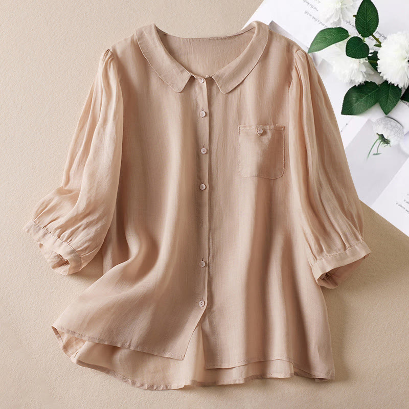 Casual Women's Standing Three Quarter Sleeve Design Plain Cotton Blended Shirt