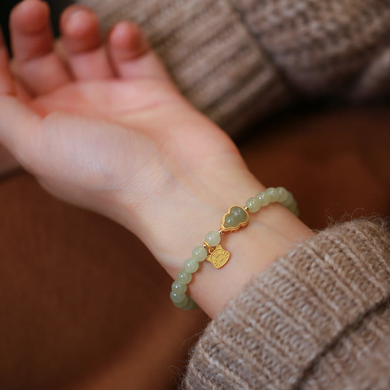 925 Sterling Silver Plated Gold Natural Hetian Jade Bead Gourd Lotus Bamboo Fu Character Luck Bracelet