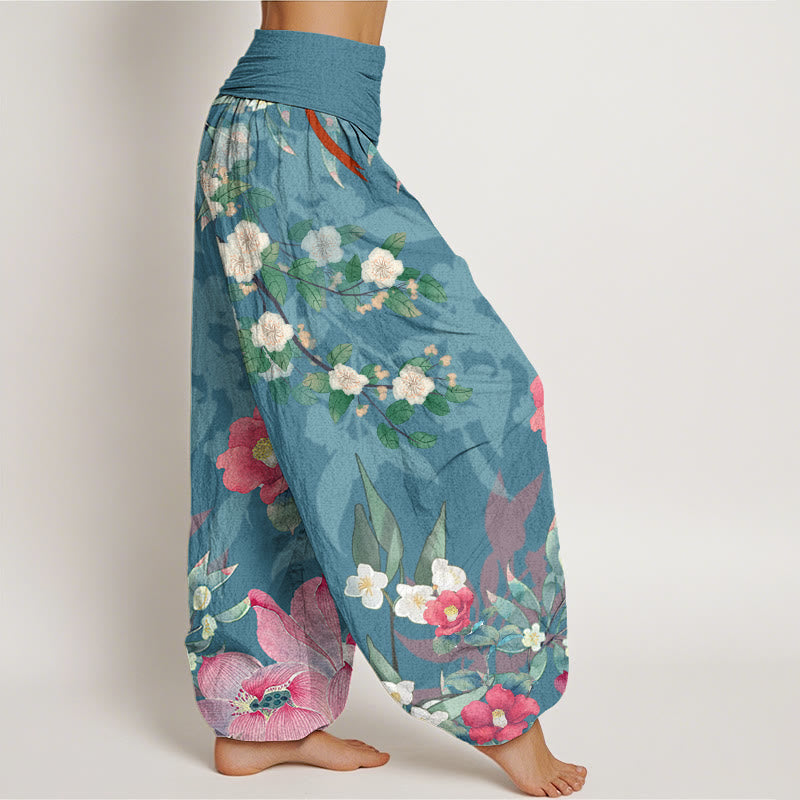 Vibrant Blooming Lotus Flower Lush Branches Women's Elastic Waist Harem Pants