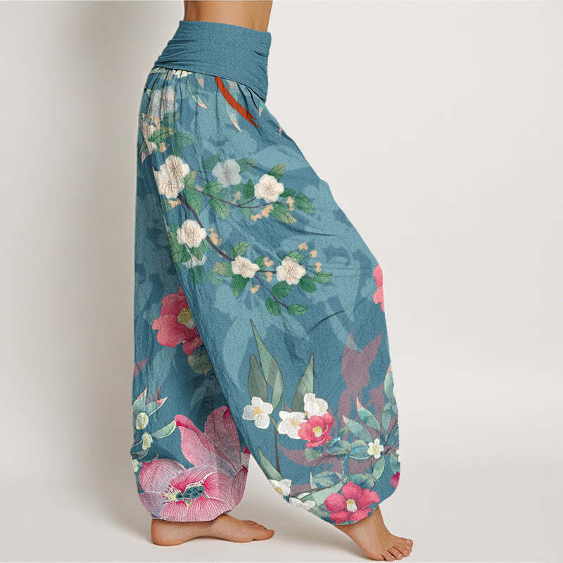 Vibrant Blooming Lotus Flower Lush Branches Women's Elastic Waist Harem Pants