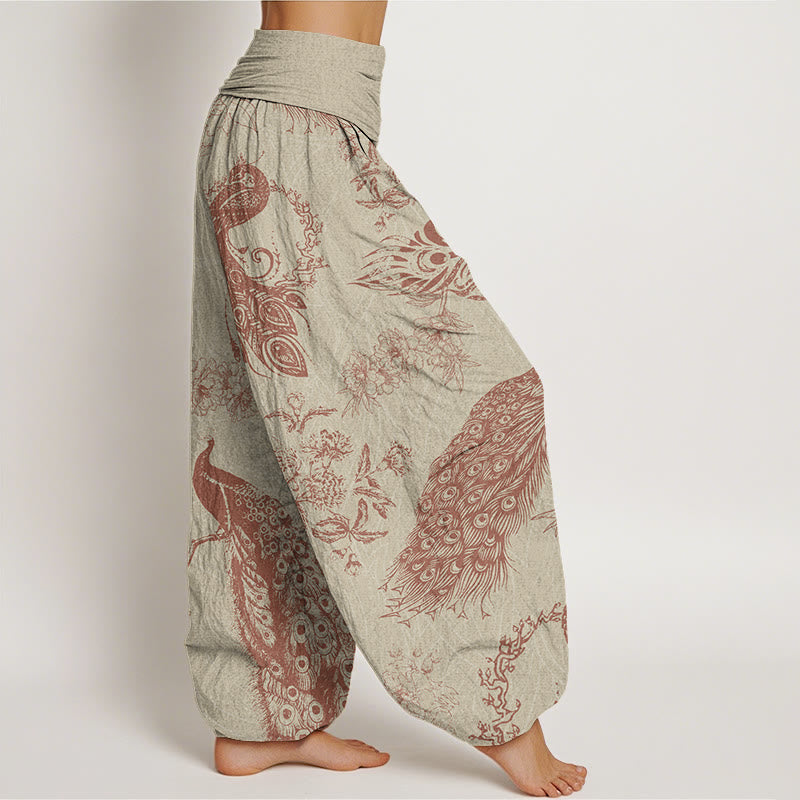 Casual Peacock Peony Flower Women's Elastic Waist Harem Pants