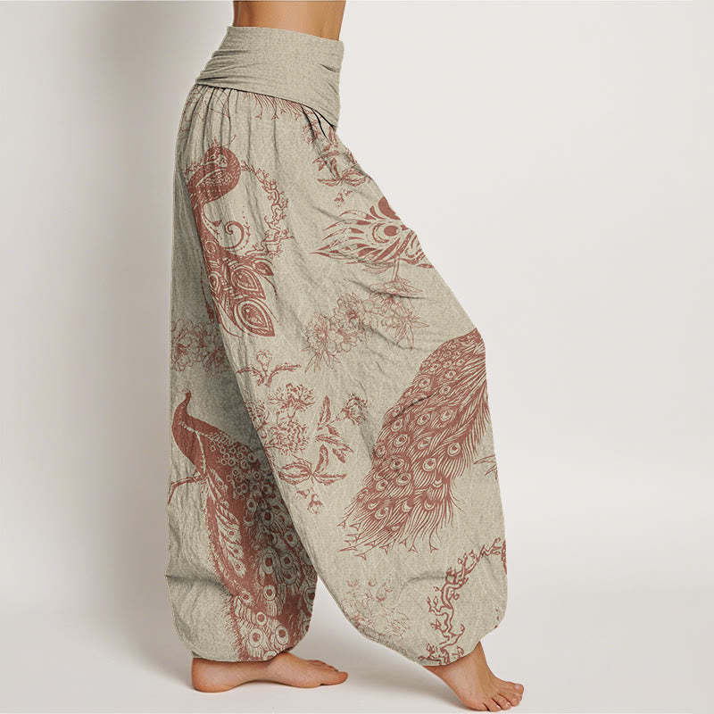Casual Peacock Peony Flower Women's Elastic Waist Harem Pants