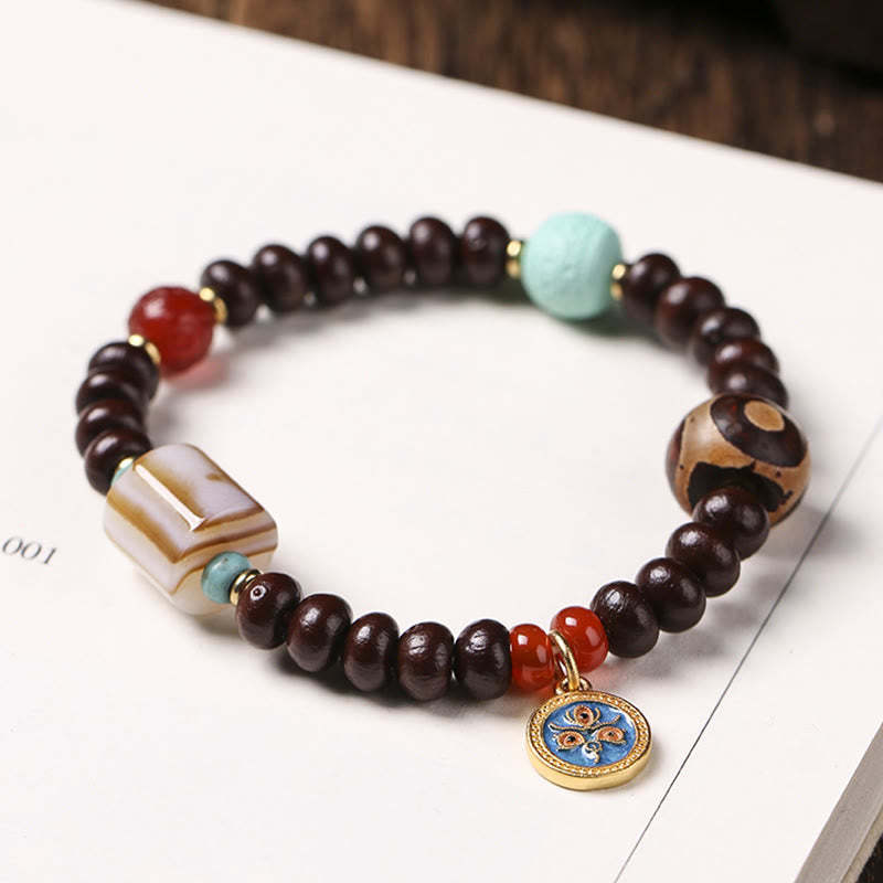 Natural Tibet Purple Bodhi Seed Dzi Bead God of Wealth Wisdom Bracelet