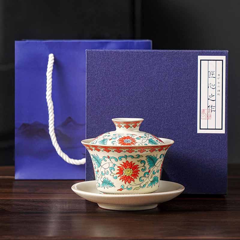 A Panorama of Rivers and Mountains Flowers Ceramic Gaiwan Sancai Teacup Kung Fu Tea Cup And Saucer With Lid
