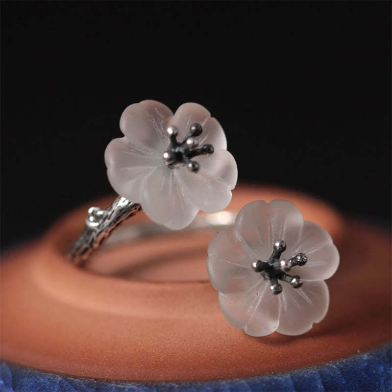 925 Sterling Silver White Crystal Double Plum Blossom Flower Adjustable Protection Ring