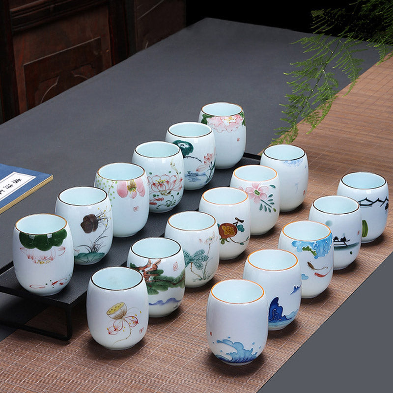 Koi Fish Lotus Landscape Dandelion Peony Flower Ceramic Teacup Kung Fu Tea Cup