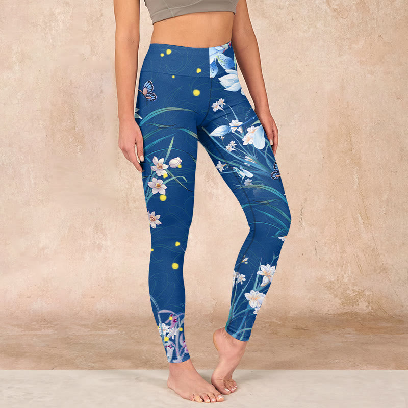 SteelBlue Small White Flowers Butterfly Exercise Leggings Women's Yoga Pants