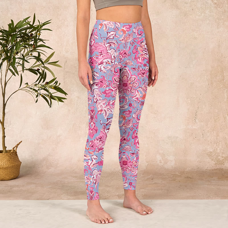 Pink Flowers Print Gym Fitness Leggings Women's Yoga Pants