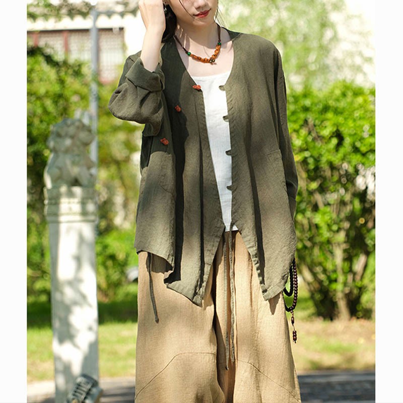 Solid Color Ramie Linen Loose Blouse Long Sleeve Shirt Chinese Hanfu Top