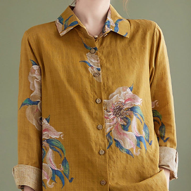 Literary Artistic Flower Print Cotton Linen Clothing