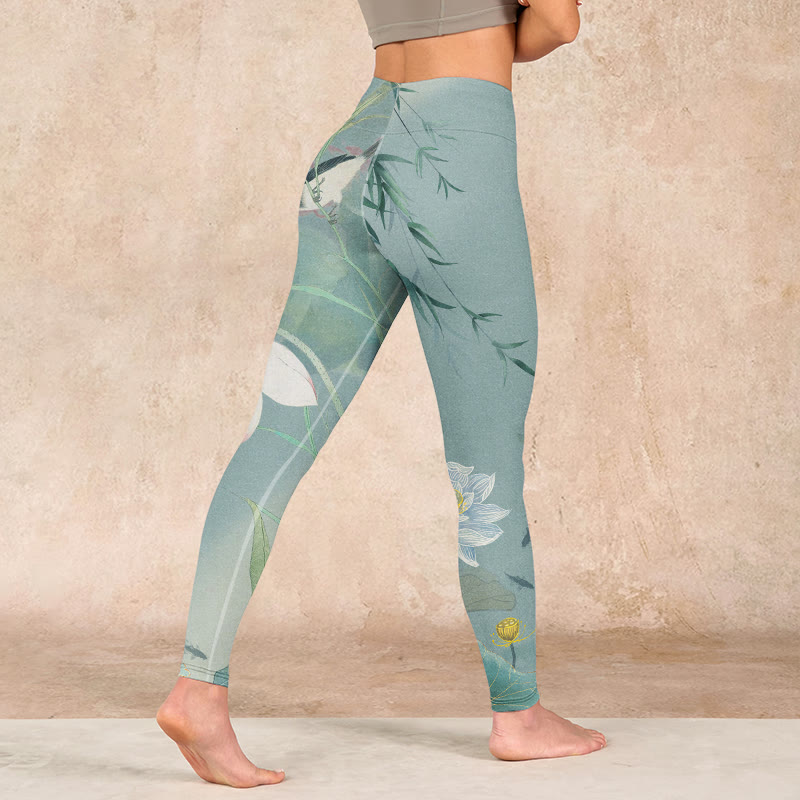 Lotus Leaf Bird Print Gym Leggings Women's Yoga Pants