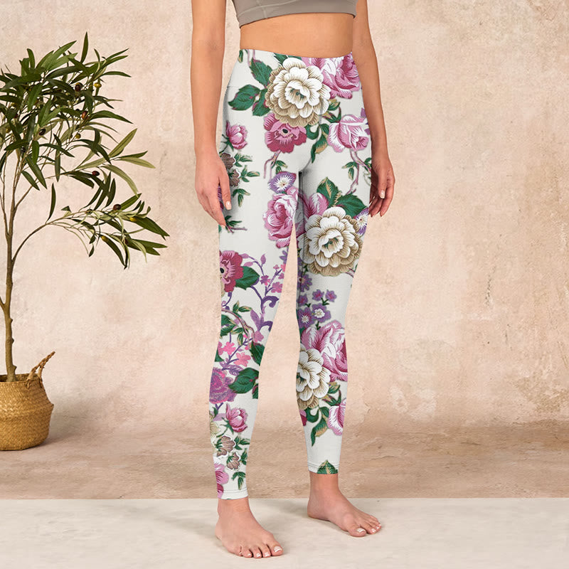 Red White Peony Flower Print Sports Leggings Women's Yoga Pants
