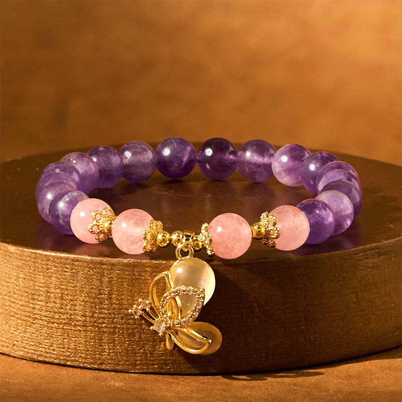 Natural Amethyst Strawberry Quartz Crystal Healing Butterfly Charm Bracelet