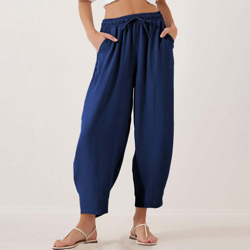 Casual Plain Loose Drawstring Women's Polyester 7/8 Length Pants  With Pockets