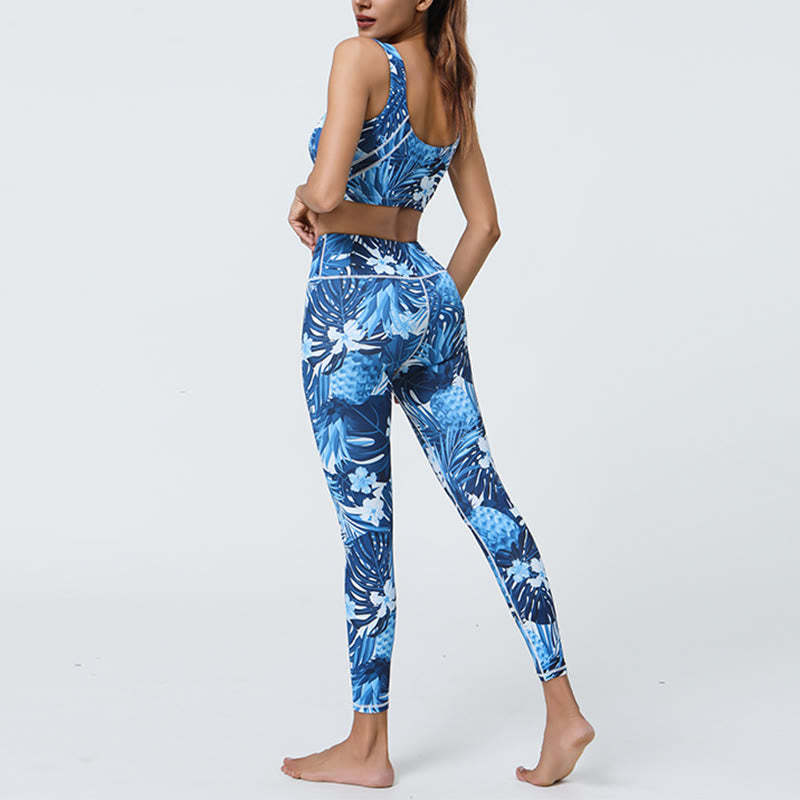 2Pcs Pineapple Grass Leaves Print Sports Fitness Crop Tank Bra High Waist Leggings Yoga Pants