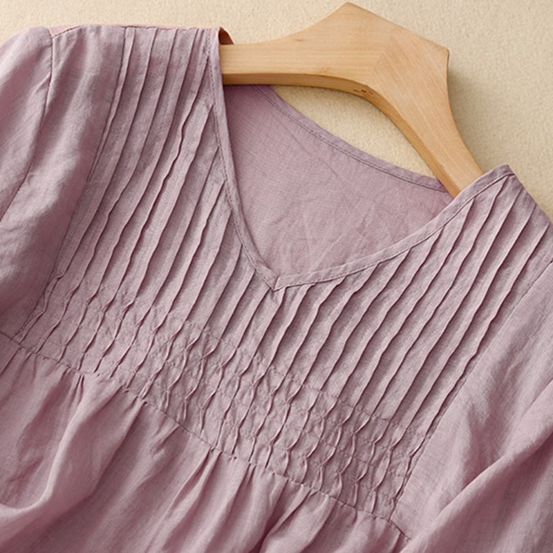 Casual Plain Loose Women's V-Neck Design Half Sleeve Cotton Linen Shirt