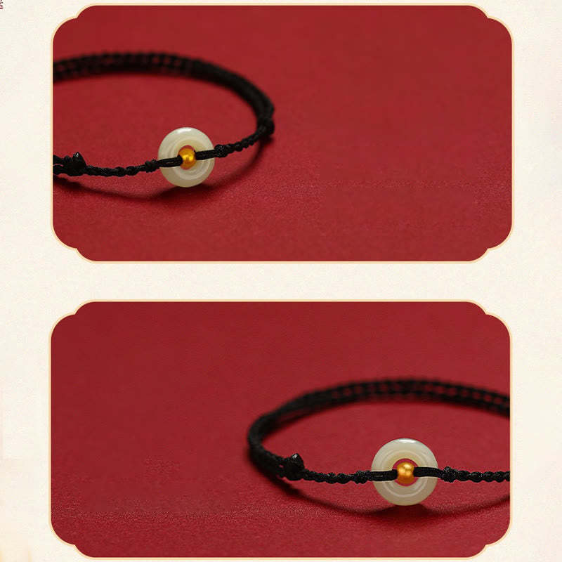 999 Gold Bead Round Peace Buckle Hetian Jade Luck Abundance Braided Bracelet Anklet