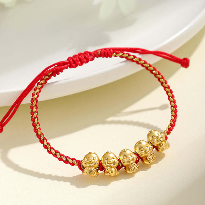 Handmade 999 Sterling Silver Golden Year Of Snake Fu Auspicious Clouds Ingot Copper Coins Red String Fortune Braided Bracelet