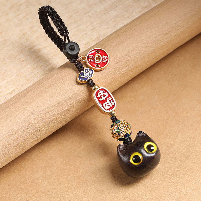 Ebony Wood Lucky Cat Auspicious Cloud Peace Key Chain Phone Hanging Decoration