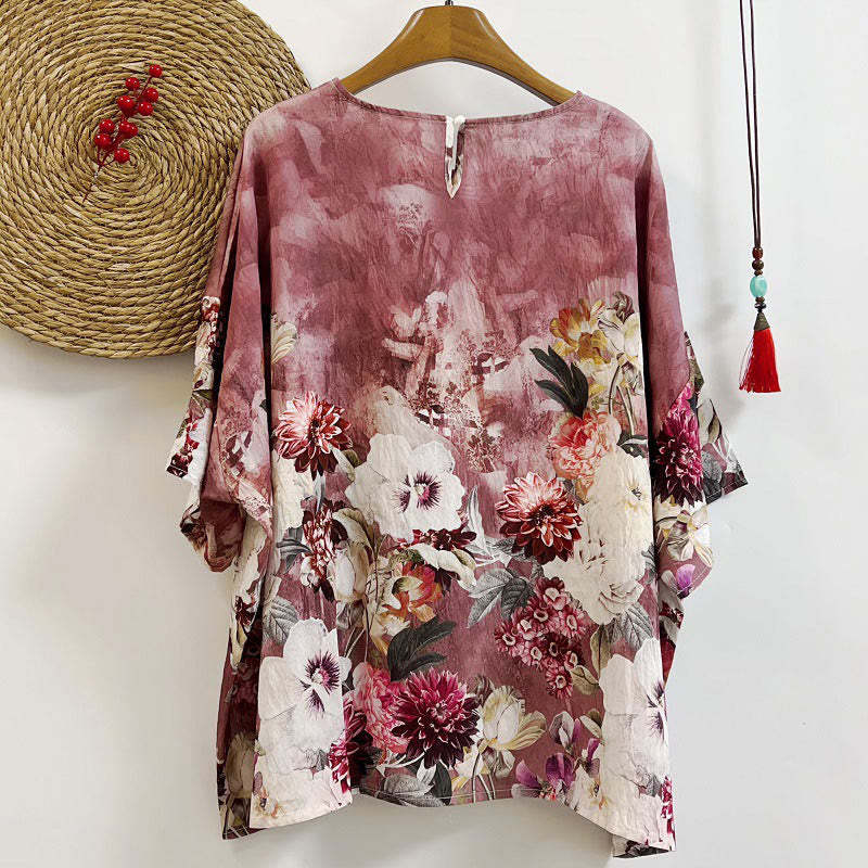 Casual Printed Various Petals Dahlia Peony Women's Crew Neck Design Half Sleeve Polyester T-shirt
