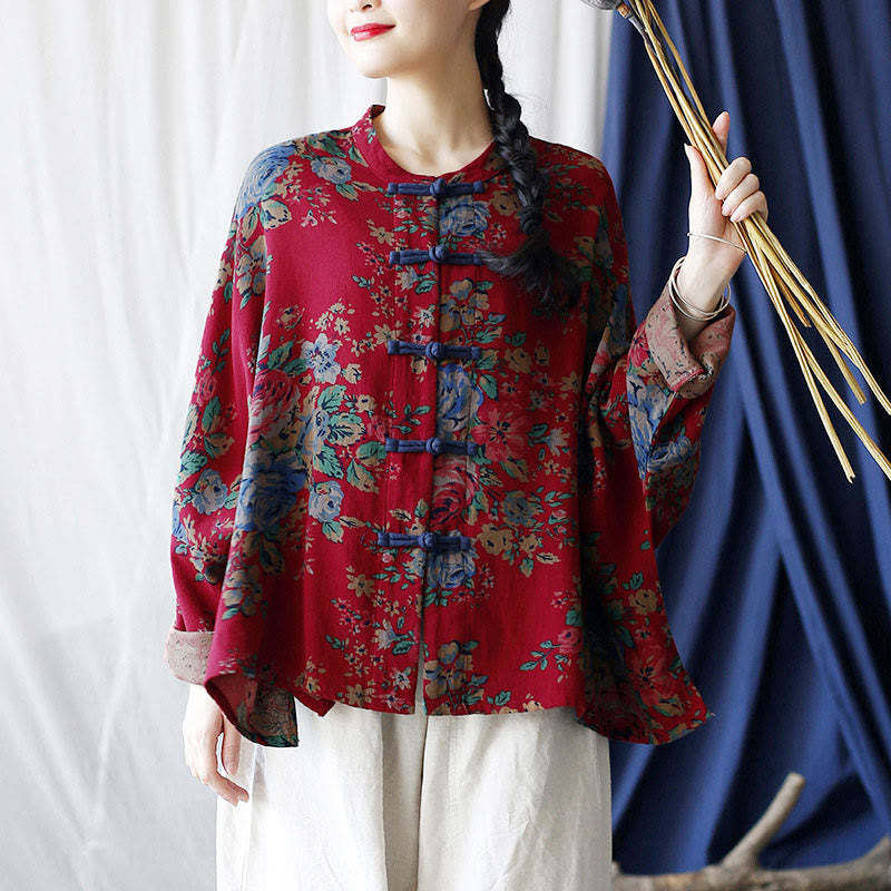 Red Flowers Green Leaves Print Frog-button Design Long Sleeve Cotton Linen Jacket Shirt