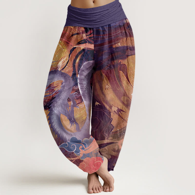Dragon Auspicious Clouds Pattern Women's Elastic Waist Harem Pants