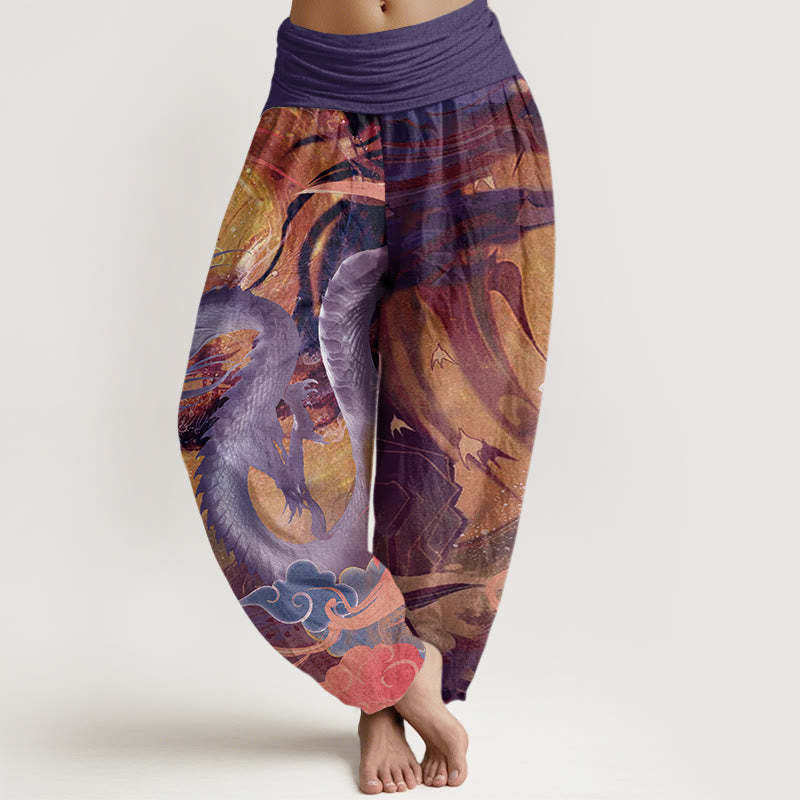 Dragon Auspicious Clouds Pattern Women's Elastic Waist Harem Pants