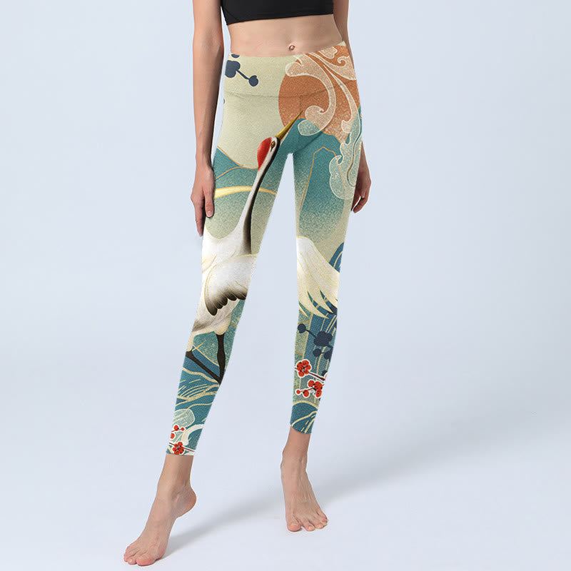 Cranes Plum Blossoms Mountains Print Gym Leggings Women's Yoga Pants