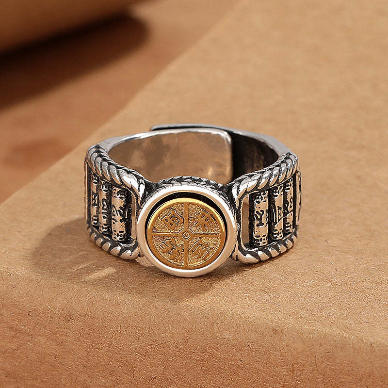 Tibetan Om Mani Padme Hum Carved Design Copper Coin Purity Rotatable Ring