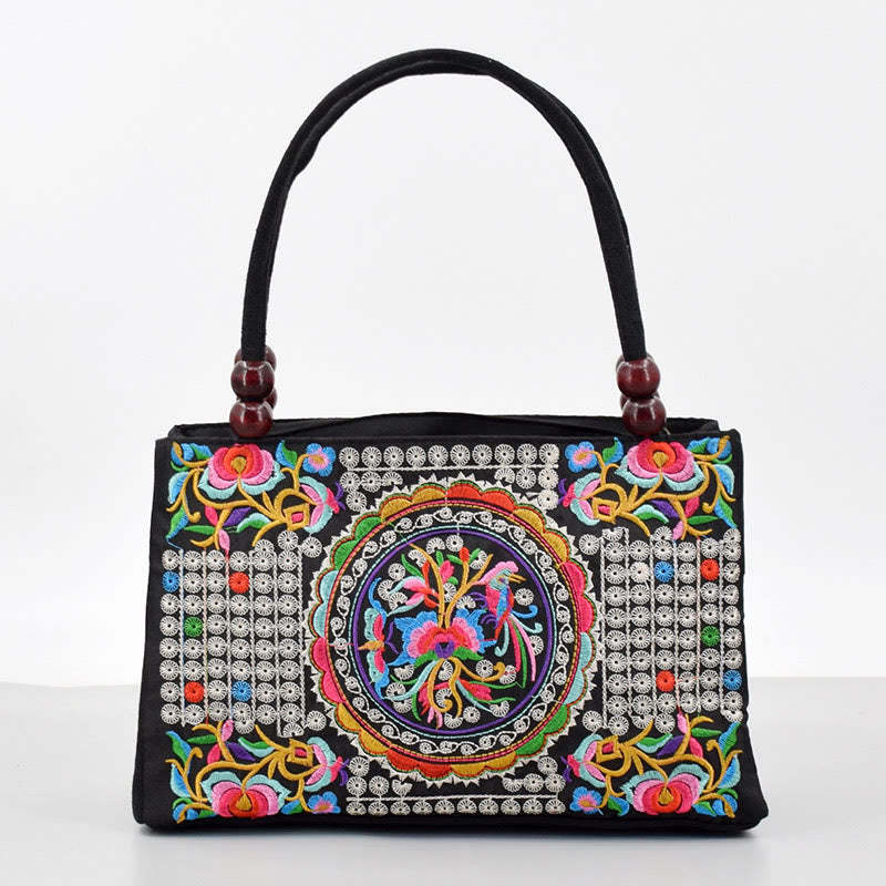 Galsang Inula Flower Peony Peacock Double-Sided Embroidery Canvas Shopping Purse Handbag