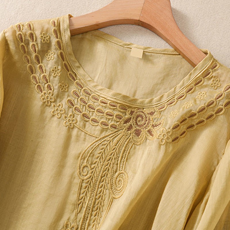 Artistic Plain Floral Embroidered Design Crew Neck Puff Half Sleeve Cotton Linen Women's T-Shirt