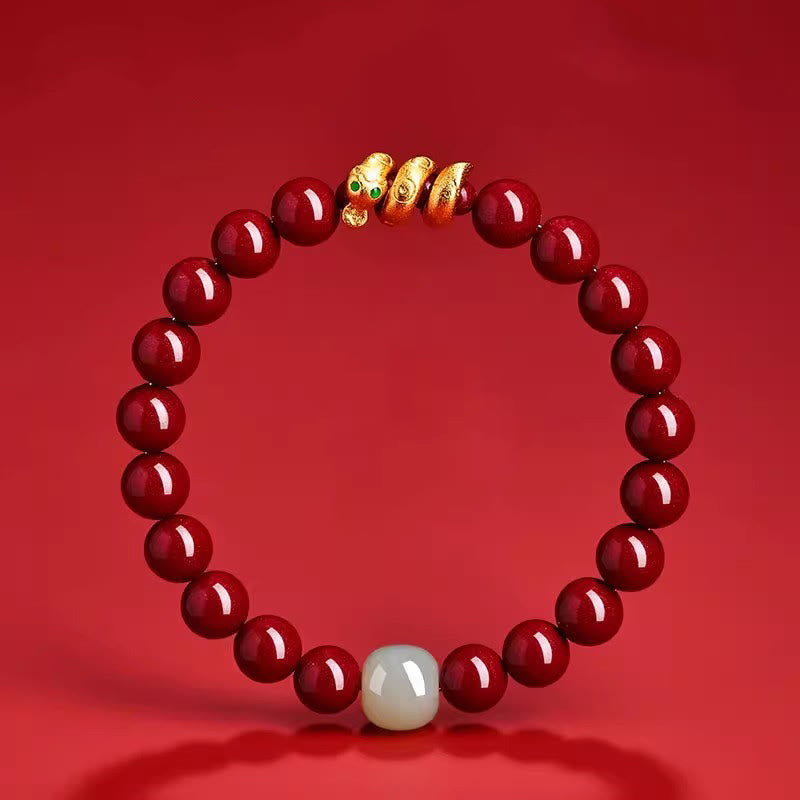 Cinnabar Bead Hetian Jade Year Of The Snake Blessing Bracelet